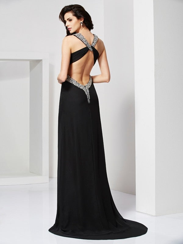 Sheath Chiffon Straps Sleeveless Sweep/Brush Train With Beading Dresses